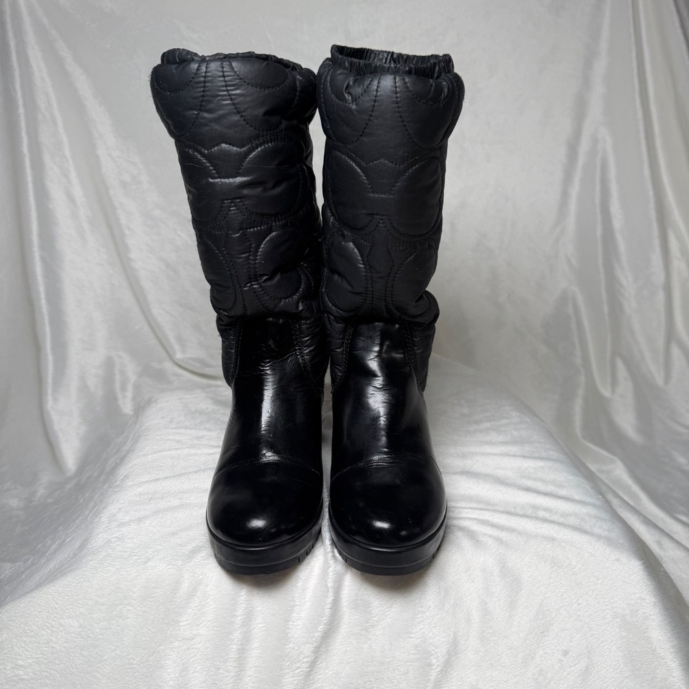 Coach Cantina Black Leather Quilted Nylon Wedge Snow Boots A7368 Womens 6B